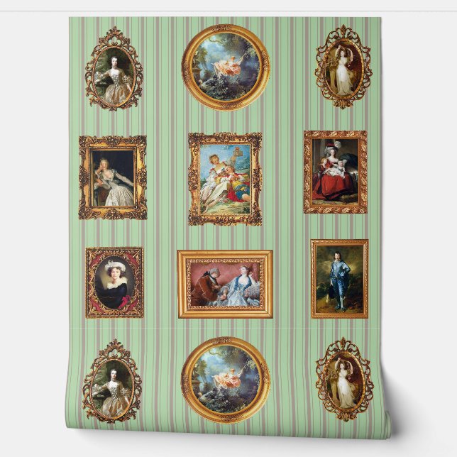Famous Rococo Art Framed Antique Sage Stripes Wallpaper (Unrolling)