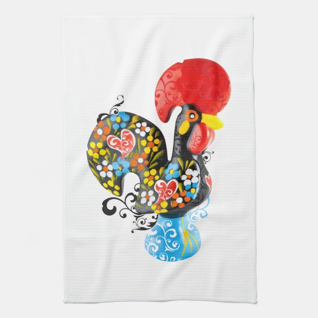 Famous Rooster of Barcelos Nr 06 - Floral edition Tea Towel (Vertical)