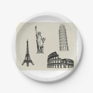 Famous World Landmarks Sketch Paper Plate