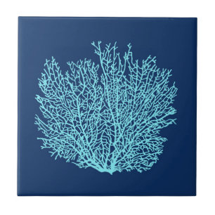 Fan Coral Print, Aqua on Deep Cobalt Blue Tile