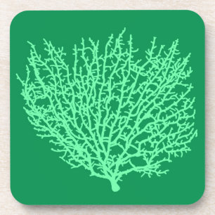 Fan Coral Print, Pale Green on Deep Jade  Green Coaster