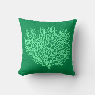 Fan Coral Print, Pale Green on Deep Jade Green Cushion