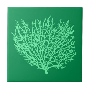 Fan Coral Print, Pale Green on Deep Jade Green Tile