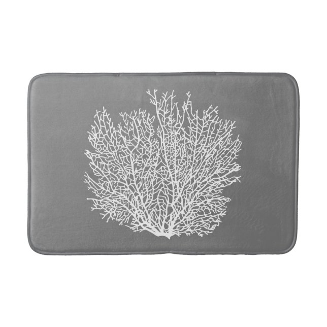 Fan Coral Print, Pale Silver on Medium Grey / Grey Bath Mat (Front)