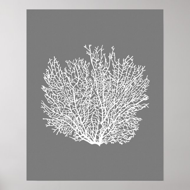 Fan Coral Print, Pale Silver on Medium Grey / Grey Poster (Front)