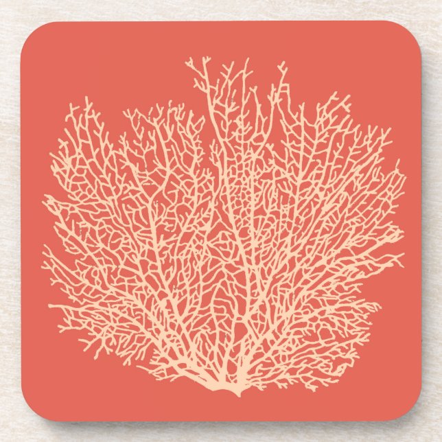 Fan Coral Print, Peach on Deep Coral  Orange Coaster (Front)