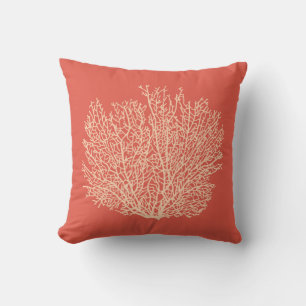 Fan Coral Print, Peach on Deep Coral  Orange Cushion