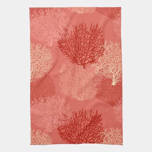 Fan Coral Print, Shades of Coral Orange  Tea Towel (Vertical)