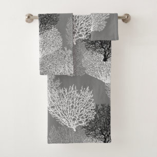 Fan Coral Print, Shades of Silver Gray / Grey   Bath Towel Set