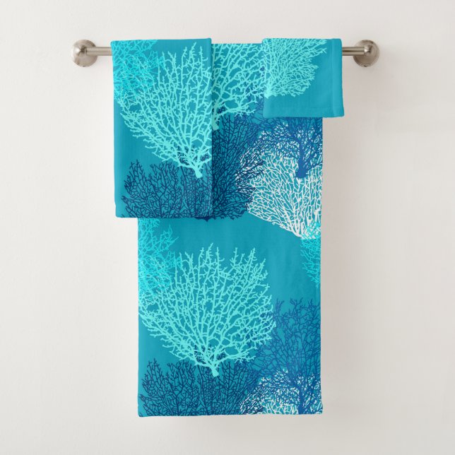 Fan Coral Print, Turquoise, Aqua and Cobalt Blue  Bath Towel Set (Insitu)