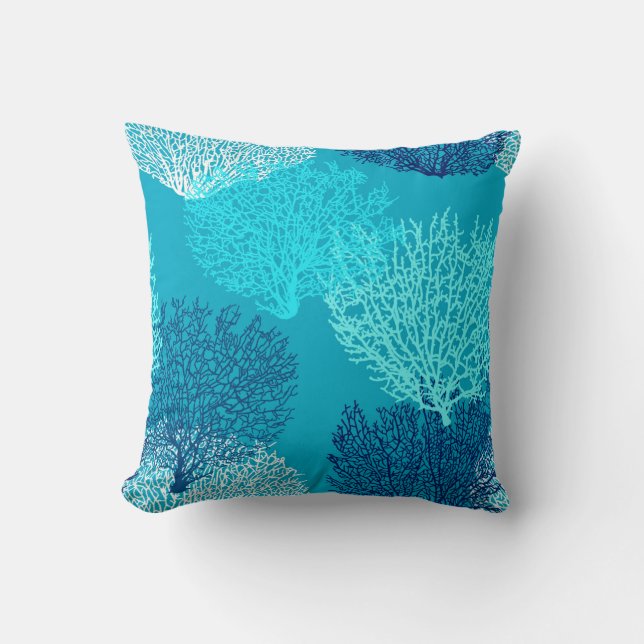 Fan Coral Print, Turquoise, Aqua and Cobalt Blue Cushion (Front)