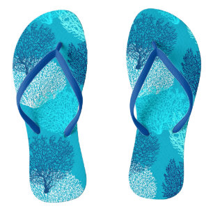 Fan Coral Print, Turquoise, Aqua and Cobalt Blue Jandals