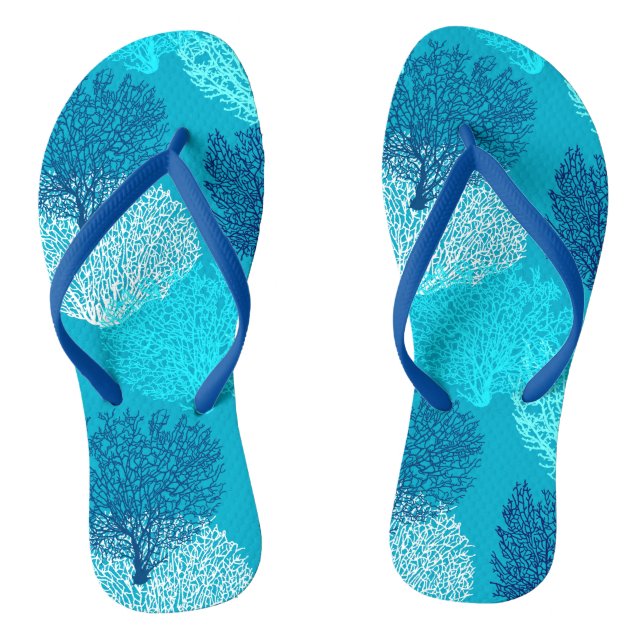 Fan Coral Print, Turquoise, Aqua and Cobalt Blue Jandals (Footbed)
