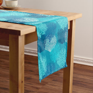 Fan Coral Print, Turquoise, Aqua and Cobalt Blue  Short Table Runner