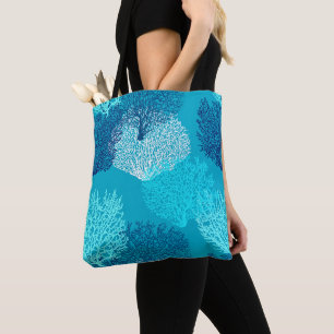 Fan Coral Print, Turquoise, Aqua and Cobalt Blue Tote Bag