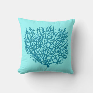 Fan Coral Print, Turquoise on an aqua background Cushion