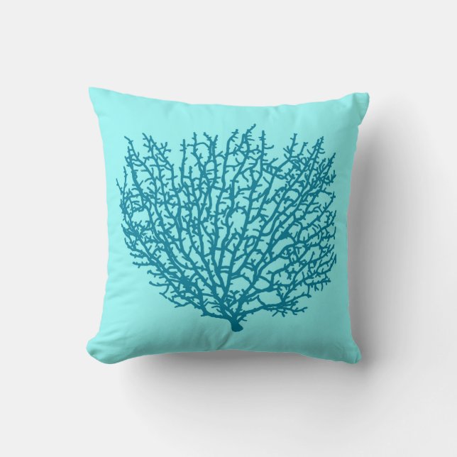 Fan Coral Print, Turquoise on an aqua background Cushion (Front)