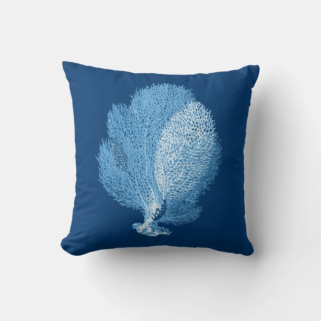 Fan Coral Sea Life Print, Indigo Blue and White Cushion (Front)