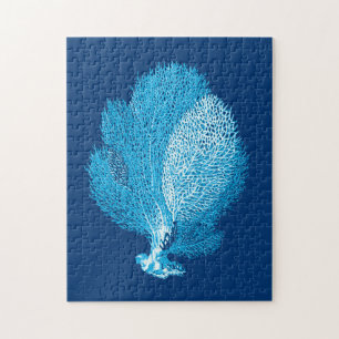Fan Coral Sea Life Print, Indigo Blue and White Jigsaw Puzzle