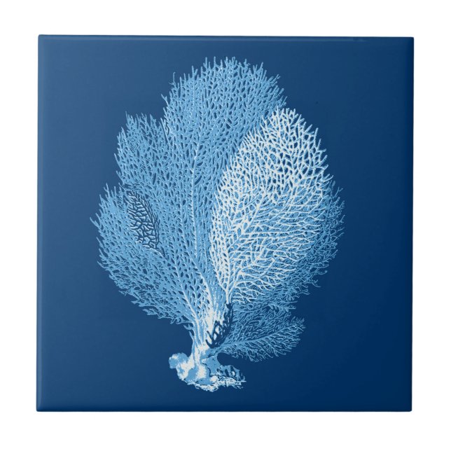 Fan Coral Sea Life Print, Indigo Blue and White Tile (Front)