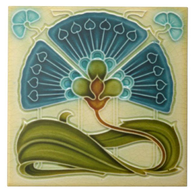 Fan-tastic Repro Richards Art Nouveau Teal Floral Tile (Front)