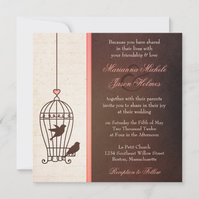 Fanciful Bird Cage - Chocolate & Pink Wedding Invitation (Front)