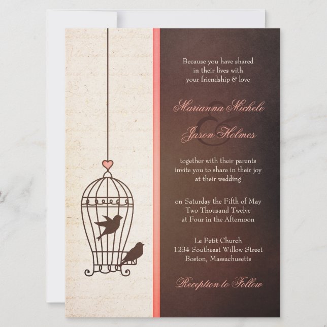 Fanciful Bird Cage - Chocolate & Pink Wedding Invitation (Front)