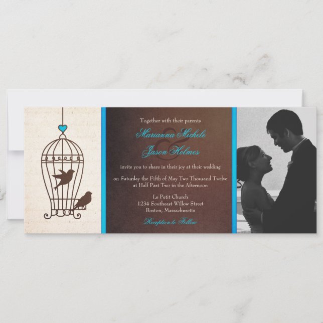 Fanciful Bird Cage Chocolate & Teal Photo Wedding Invitation (Front)