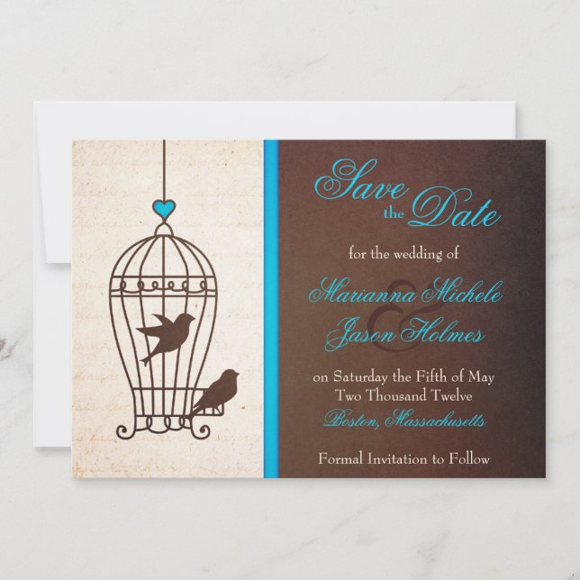 Fanciful Bird Cage Teal & Chocolate Save the Date (Front)