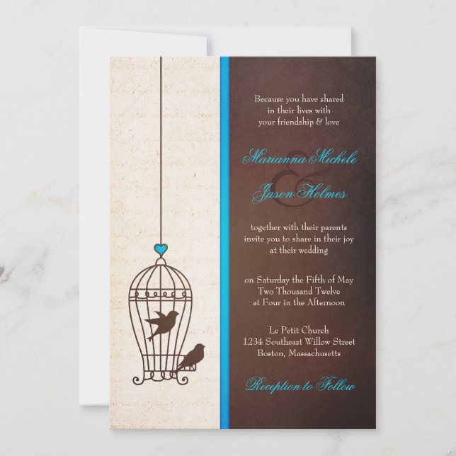 Fanciful Bird Cage - Teal & Chocolate Wedding Invitation (Front)