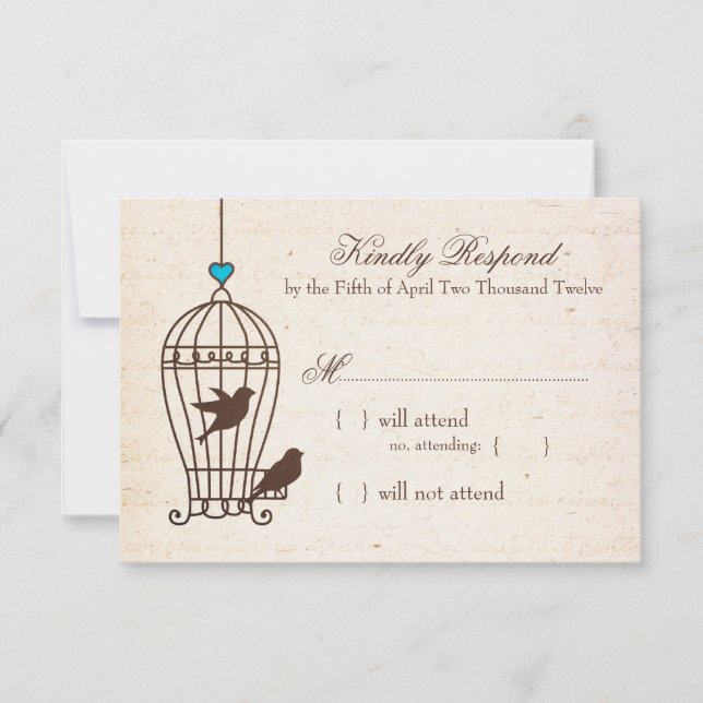 Fanciful Bird Cage - Teal & Chocolate Wedding RSVP Card (Front)