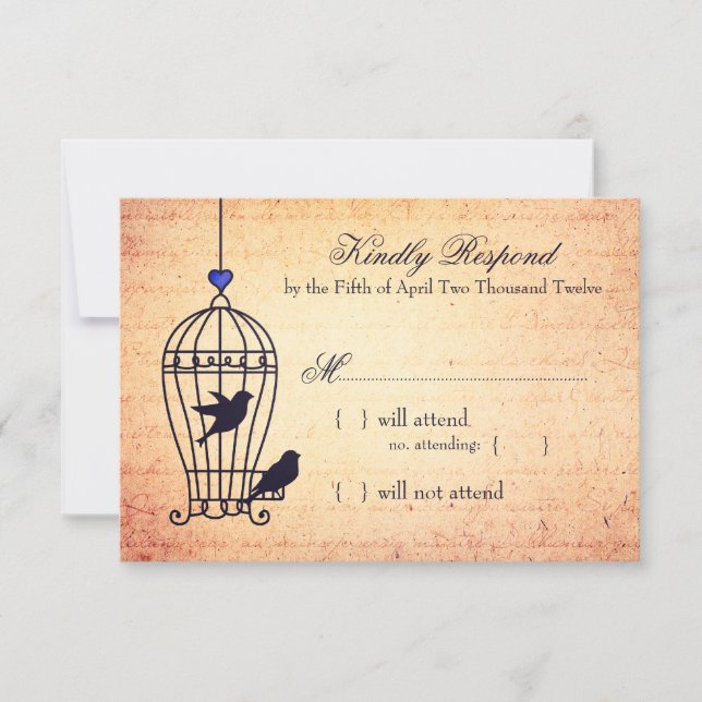 Fanciful Bird Cage with Blue Heart Wedding RSVP (Front)