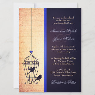 Fanciful Bird Cage with Blue Ribbon Wedding Invitation
