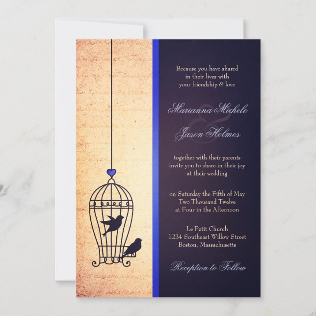 Fanciful Bird Cage with Blue Ribbon Wedding Invitation (Front)