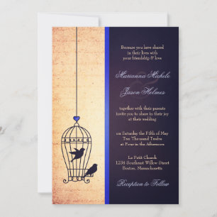 Fanciful Bird Cage with Blue Ribbon Wedding Invitation