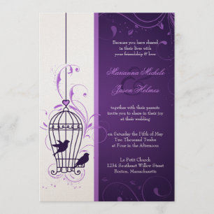 Fanciful Bird Cage with Swirls Aubergine Wedding Invitation