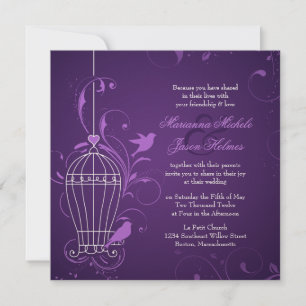 Fanciful Bird Cage with Swirls Aubergine Wedding Invitation