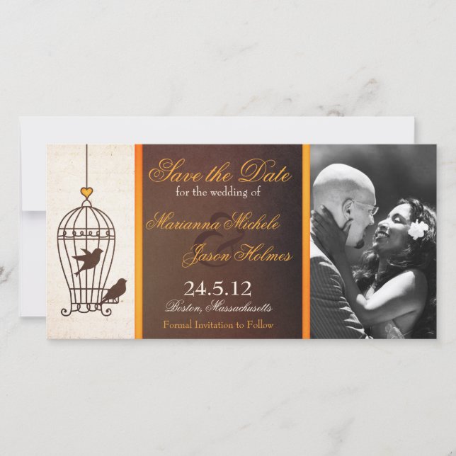 Fanciful Birdcage Autumn Orange Save the Date (Front)