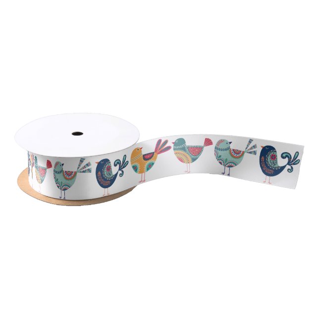 Fanciful Hand-painted Birds Satin Ribbon (Spool)