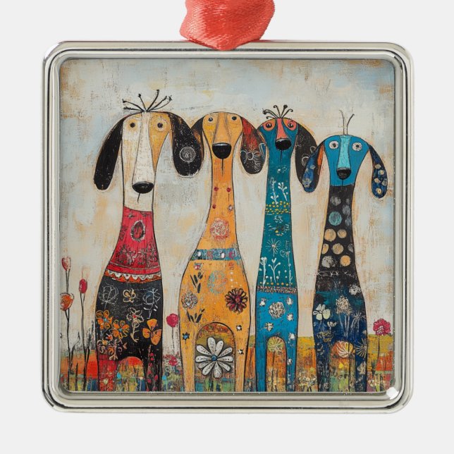 Fanciful Long Tall Hound Dogs Metal Tree Decoration (Front)