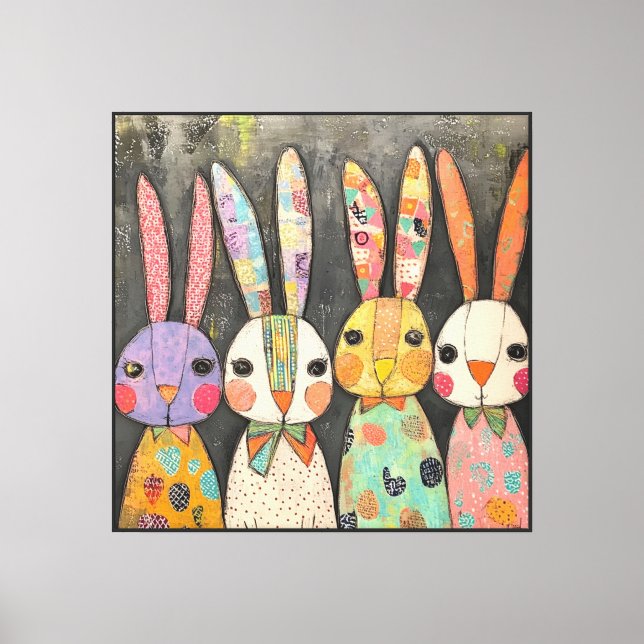 Fanciful Patchwork Easter Bunny Rabbits Canvas Print (Front)