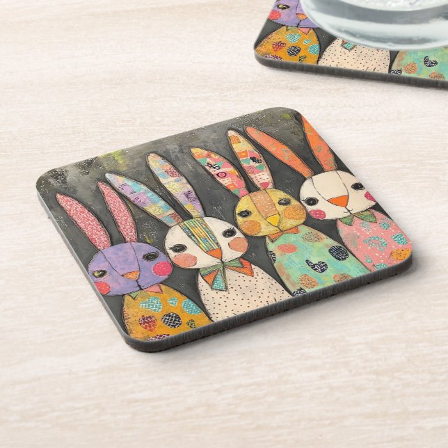 Fanciful Patchwork Easter Bunny Rabbits Coaster (Left Side)