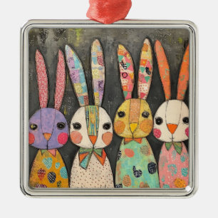Fanciful Patchwork Easter Bunny Rabbits Metal Tree Decoration