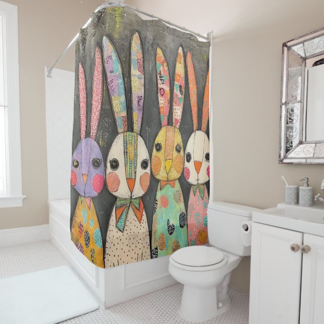 Fanciful Patchwork Easter Bunny Rabbits Shower Curtain (In Situ)