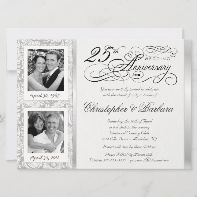 Fancy 25th Anniversary Invitations - Then & Now (Front)