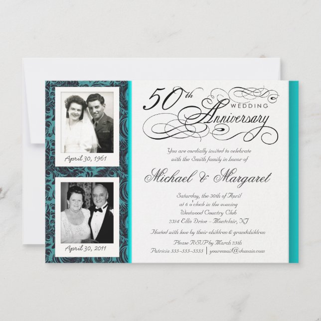 Fancy 50th Anniversary Invitations - Blue Damask (Front)