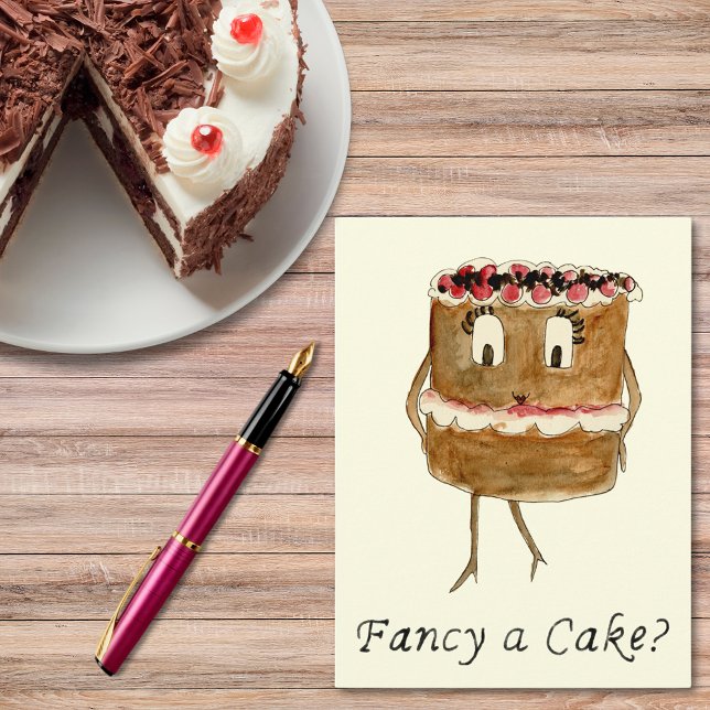 Fancy a Cake Funny Chocolate Quirky Cartoon Art Postcard (Black Forest gateau cute cartoon quote fancy a cake postcard for baking lovers)