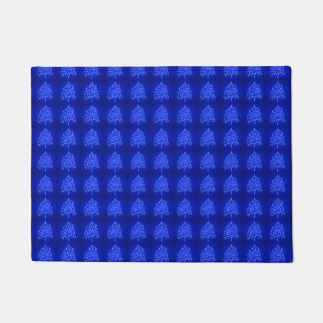 Fancy Artistic Christmas Tree Pattern Holiday Blue Doormat (Front)