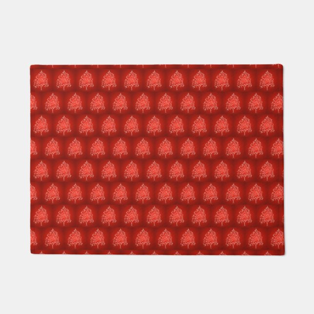 Fancy Artistic Christmas Tree Pattern Holiday Red Doormat (Front)