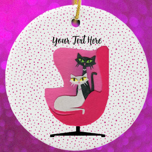 Fancy Atomic Cats in Pink Chair Polka Dots White Ceramic Tree Decoration